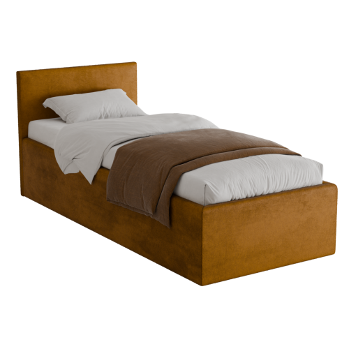 Polsterbett Dona 90x200 cm – modernes Einzelbett mit Bettkasten & gepolstertem Kopfteil - Senf (Noble 48)