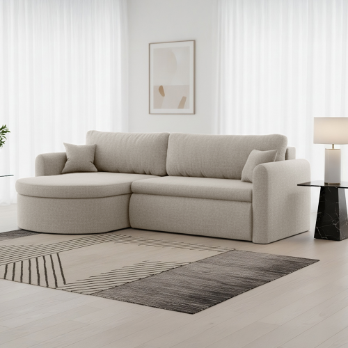 Verona L Ecksofa – Komfortables, freistehendes Wohnzimmer-Sofa mit Schlaffunktion & Bettkasten – Stoff Faro - Hellbeige