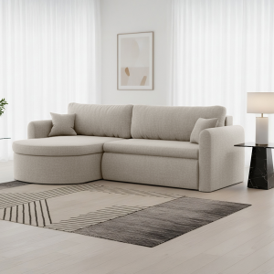 Verona L Ecksofa – Komfortables, freistehendes Wohnzimmer-Sofa mit Schlaffunktion & Bettkasten – Stoff Faro - Hellbeige (Faro 02)