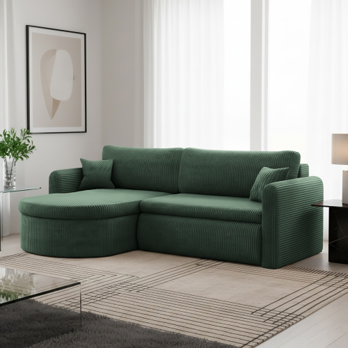 Verona L Ecksofa – Komfortables, freistehendes Wohnzimmer-Sofa mit Schlaffunktion & Bettkasten – Stoff Poso - Grün.png