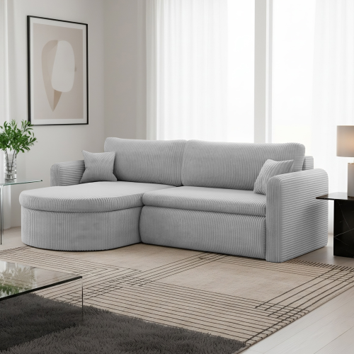 Verona L Ecksofa – Komfortables, freistehendes Wohnzimmer-Sofa mit Schlaffunktion & Bettkasten – Stoff Poso - Hellgrau.png