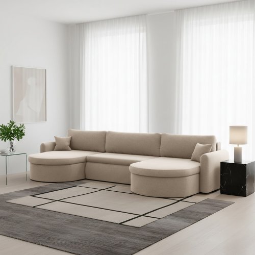 VERONA U Ecksofa mit Schlaffunktion – großes U-Sofa mit Bettkasten, feinem FARO Stoff & höchstem Sitzkomfort - Beige