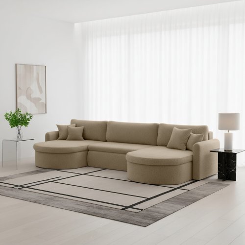 VERONA U Ecksofa mit Schlaffunktion – großes U-Sofa mit Bettkasten & exklusivem QUELLE Bouclé Stoff - Beige
