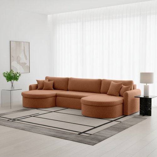 VERONA U Ecksofa mit Schlaffunktion – großes U-Sofa mit Bettkasten & exklusivem QUELLE Bouclé Stoff - Orange, Ziegel