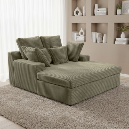 LAZY ONE Chaiselongue im modernen Cord-Look – luxuriöse Liege mit weichen Kissen & Komfortpolsterung - Olive.png