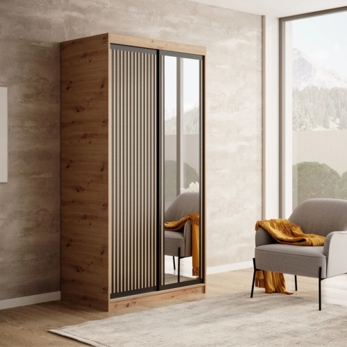 DELIA Kleiderschrank – Moderner Lamellen-Schrank, Schiebetürenschrank mit Spiegel & Stauraum | 100 cm - Holz / Schwarz