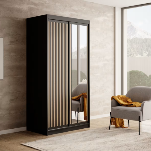 DELIA Kleiderschrank – Moderner Lamellen-Schrank, Schiebetürenschrank mit Spiegel & Stauraum | 100 cm - Schwarz / Holz