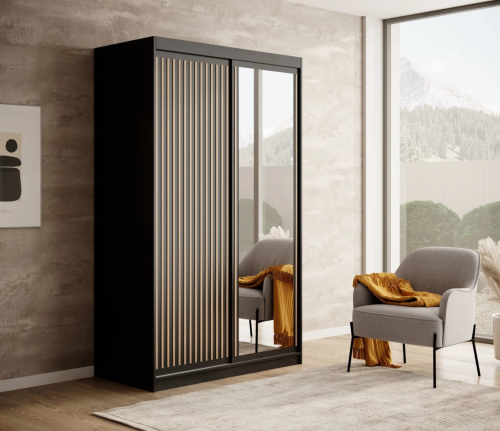 DELIA Kleiderschrank – Moderner Lamellen-Schrank, Schiebetürenschrank mit Spiegel & Stauraum | 120 cm - Schwarz / Holz