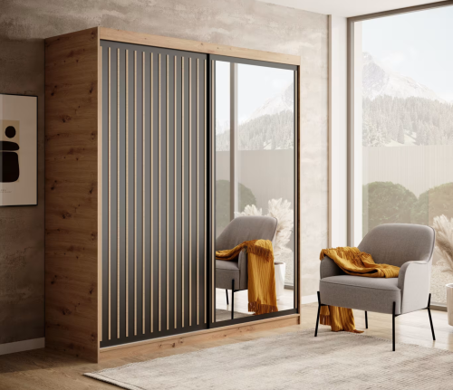 DELIA Kleiderschrank – Moderner Lamellen-Schrank, Schiebetürenschrank mit Spiegel & Stauraum  180 cm - Holz  Schwarz