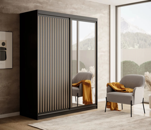 DELIA Kleiderschrank – Moderner Lamellen-Schrank, Schiebetürenschrank mit Spiegel & Stauraum | 160 cm - Schwarz / Holz