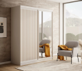 DELIA Kleiderschrank – Moderner Lamellen-Schrank, Schiebetürenschrank mit Spiegel & Stauraum | 160 cm - Weiß / Holz