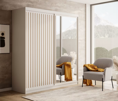 DELIA Kleiderschrank – Moderner Lamellen-Schrank, Schiebetürenschrank mit Spiegel & Stauraum  180 cm - Weiß  Holz.png