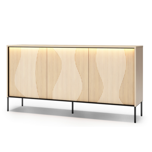 FLOW FW-03 – moderne 3-türige Kommode mit LED-Beleuchtung, breite Wohnzimmerschrank, Eiche Vincenza gebleicht  Schwarz.png