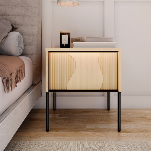 FLOW FW-07 – moderner Nachttisch mit LED-Beleuchtung und Schublade, Nachtkonsole, Eiche Vincenza gebleicht  Schwarz.png