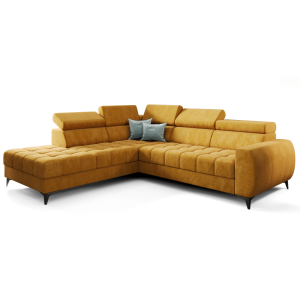 PORTO Ecksofa 255 × 225 cm mit Schlaffunktion, Bettkasten, verstellbaren Kopfstützen – HR & T35 Schaum, Veloursstoff TERRA - Senf