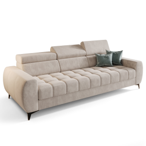 PORTO III  260 cm – Design-Sofa mit verstellbaren Kopfstützen, HR-Schaum, Wellenfedern & Velours Terra 06 - Pearl, Creme 