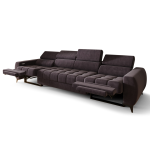 PORTO IV RELAX Ecksofa 331 cm – Elektrische Relaxfunktion, verstellbare Kopfstützen, Velours Terra 29 - Anthrazitbraun, Braun