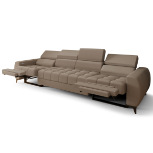 PORTO IV RELAX Ecksofa 331 cm – Elektrische Relaxfunktion, verstellbare Kopfstützen, Echtleder G-22 - Grau Beige 
