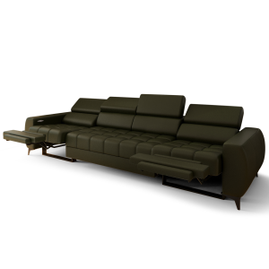 PORTO IV RELAX Ecksofa 331 cm – Elektrische Relaxfunktion, verstellbare Kopfstützen, Echtleder L-5 - Olivgrün 
