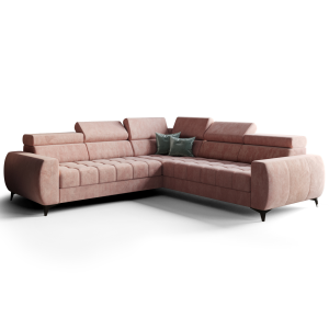 Porto Max 255x255 cm – Ecksofa mit Schlaffunktion und Bettkasten, Hochwertiger HR- & T35-Schaum, Regulierbare Kopfstützen - Terra 61, Altrosa  