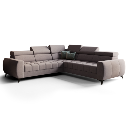 Porto Max 255x255 cm – Ecksofa mit Schlaffunktion und Bettkasten, Hochwertiger HR- & T35-Schaum, Regulierbare Kopfstützen - Stoff Gemma 86 - Aschgrau