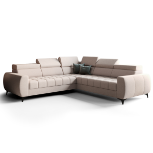 Porto Max 255x255 cm – Ecksofa mit Schlaffunktion und Bettkasten, Hochwertiger HR- & T35-Schaum, Regulierbare Kopfstützen - Stoff Aragon 03 - Creme 