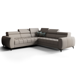 Porto Max 255x255 cm – Ecksofa mit Schlaffunktion und Bettkasten, Hochwertiger HR- & T35-Schaum, Regulierbare Kopfstützen - Echtleder L-11 - Grau