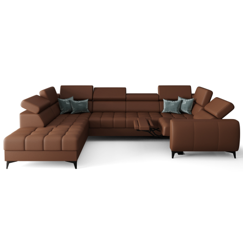 Porto Max I Relax Ecksofa mit elektrischer Relaxfunktion, Schlaffunktion und verstellbaren Kopfstützen, Stoff Crown 3 - Echtleder K-31 - Kognak, Braun - LINKS.png