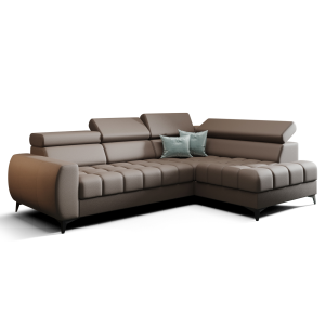 Porto Mini Ecksofa mit Schlaffunktion, verstellbaren Kopfstützen und Bettkasten – Echtleder L-8,  Graubeige