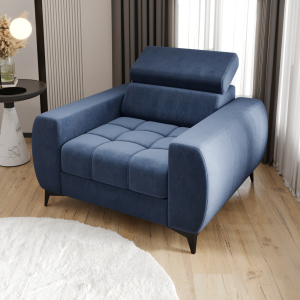 PORTO Sessel 110 cm – Gepolsterter Sessel mit verstellbaren Kopfstützen, freistehend im modernen Stil - Stoff Terra 73, Dunkelblau 