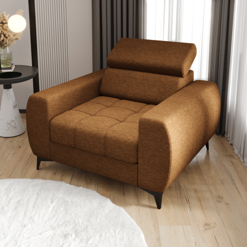 PORTO Sessel 110 cm – Gepolsterter Sessel mit verstellbaren Kopfstützen, freistehend im modernen Stil - Stoff Crown 09, Senf.png