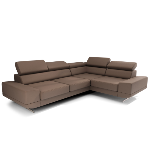 Ecksofa Milano II – Modernes Ecksofa mit verstellbaren Kopfstützen und hohen Metallfüßen, Echtleder L-8 - Hellbraun, Beige.png