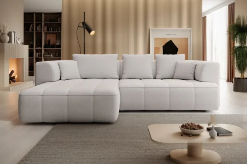 Ecksofa Albio S mit Schlaffunktion und elektrischer Sitztiefenverstellung, 288 × 188 cm – Stoff Eden 02, Pearl Beige