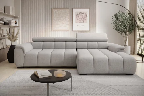 Ecksofa ALVIN S mit elektrischer Sitztiefenverstellung und Relax-Kopfstützen - Cremona 04, Hellgrau