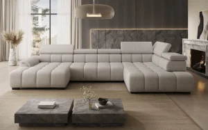 Ecksofa ALVIN XL mit elektrischer Sitztiefenverstellung und Relax-Kopfstützen - Cremona 04, Hellgrau 