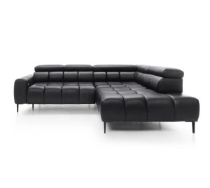 Ecksofa PLAZA L mit elektrischer Sitztiefenverstellung, verstellbaren Kopfstützen & Rückenlehnen – Leder, K-70 Schwarz