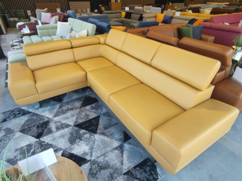 Ecksofa Milano II – Modernes Ecksofa mit verstellbaren Kopfstützen und hohen Metallfüßen, Links, Echtleder - Gelb