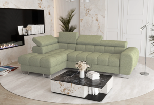 Ecksofa ASPEN MINI verstellbare Kopfstützen Schlaffunktion 260×170 cm Bettkasten, Links  - Wid31, Minze + Hocker