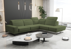Ecksofa Fiore 265 × 220 cm mit verstellbaren Kopfstützen und T35-Schaum – Rechts – Stoff Happy 08, Grün | Sofort verfügbar