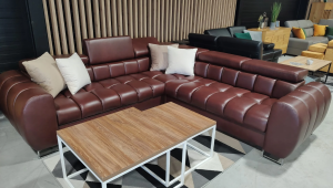 Ecksofa ASPEN MAX 260×260 cm – Ledersofa mit verstellbaren Kopfstützen, Schlaffunktion & Bettkasten - Rechts, Echtleder F-5, Braun | Sofort verfügbar