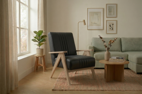 Enzo Sessel Echtleder – Vintage Sessel mit Holzgestell & hohem Komfort - Schwarz