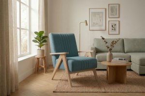 Enzo Sessel – Vintage Sessel mit Holzgestell & hohem Komfort - Türkis, Blau