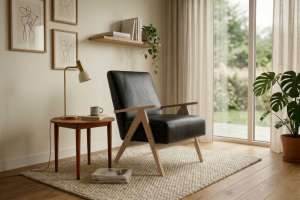 Leo Ledersessel – Designer Sessel aus Holz im Mid-Century Stil, Schwarz