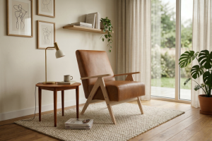 Leo Ledersessel – Designer Sessel aus Holz im Mid-Century Stil, Braun