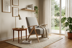 Leo Sessel – Designer Sessel aus Holz im Mid-Century Stil, Grau