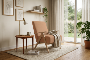 Leo Sessel – Designer Sessel aus Holz im Mid-Century Stil, Orange/Ziegel