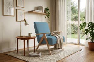 Leo Sessel – Designer Sessel aus Holz im Mid-Century Stil, Türkis/Blau