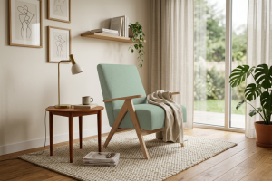 Leo Sessel – Designer Sessel aus Holz im Mid-Century Stil, Mint Blau