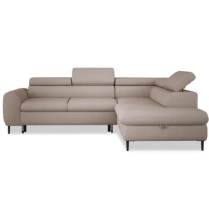RAYO L – funktionales Ecksofa mit Delfin-Schlaffunktion, geräumigem Bettkasten und verstellbaren Kopfstützen - Beige