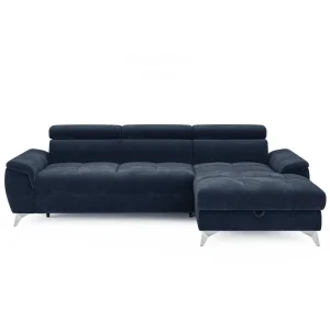 Ecksofa LUGANO mit Schlaffunktion, Bettkasten und verstellbaren Kopfstützen – Stoff Eden 16, Dunkelblau
